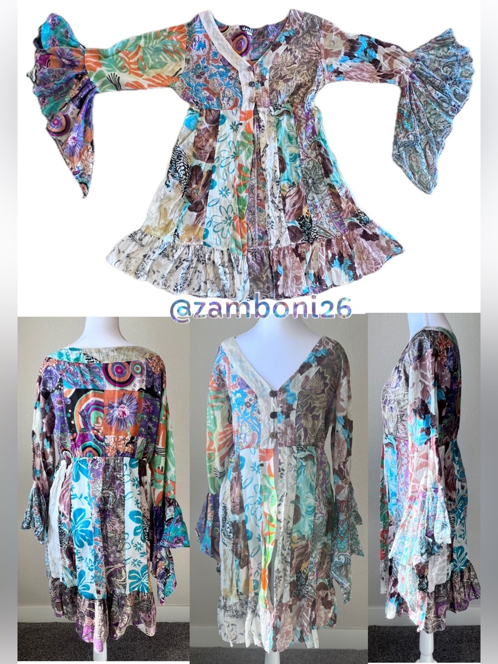 Boho Patchwork Floral Bell-Sleeve Duster Hippie Festival Whimsigoth Has Pockets